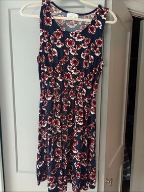 French Grey Navy Floral Sleeveless Dress with Burgundy Roses